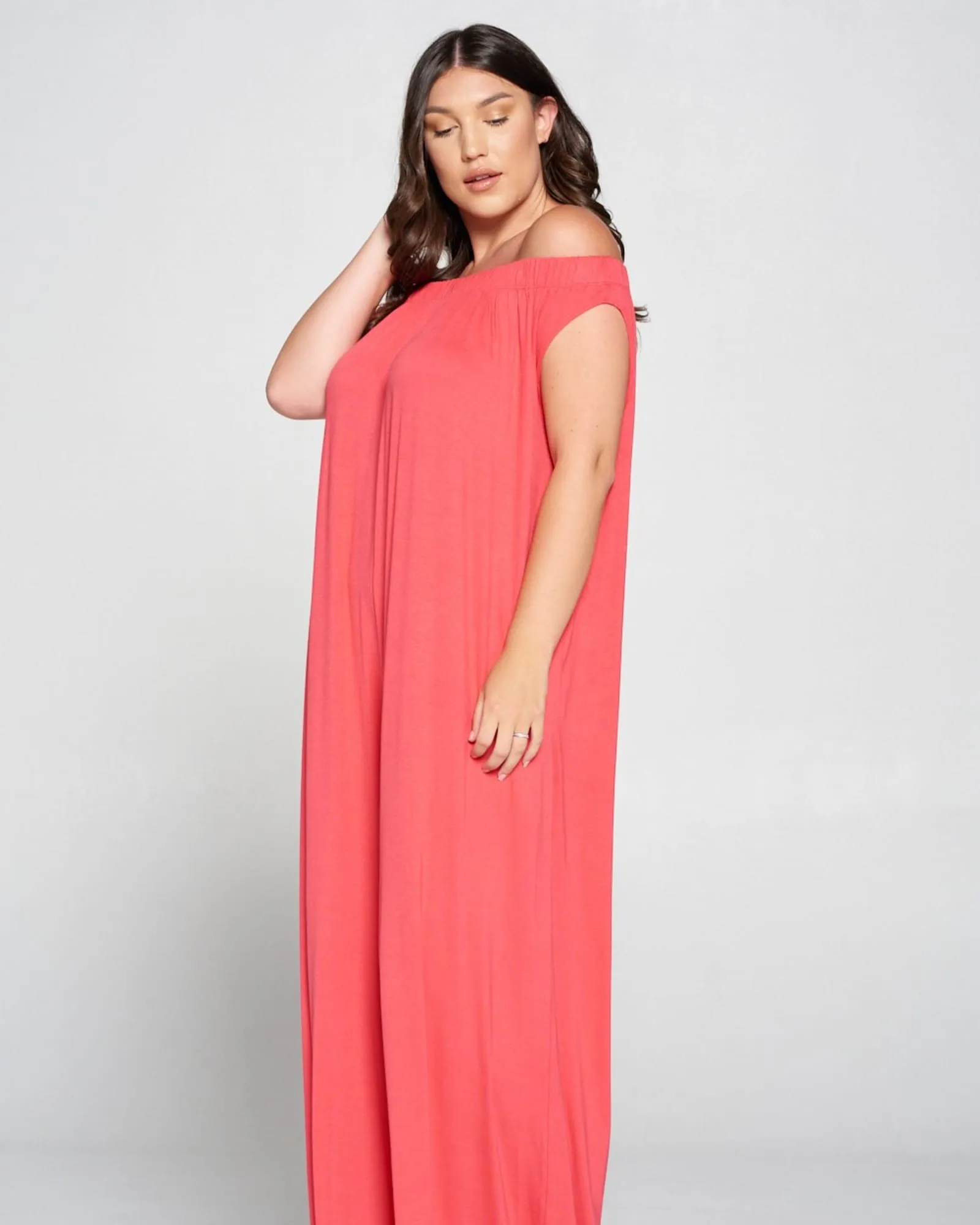 Off Shoulder Full Length Jumpsuit | Coral