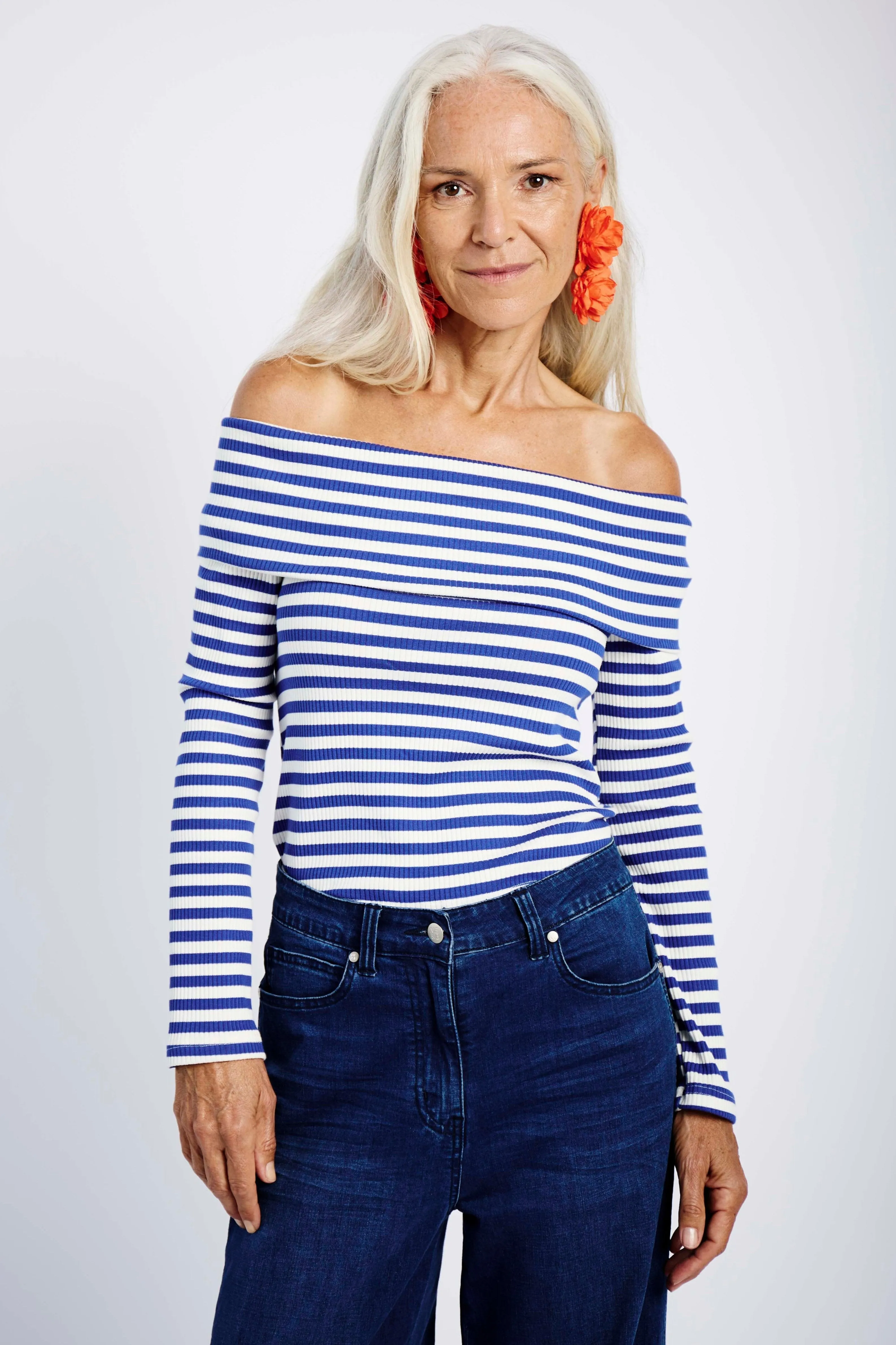 Off the Shoulder Knit Top in Blue and Bone Stripe