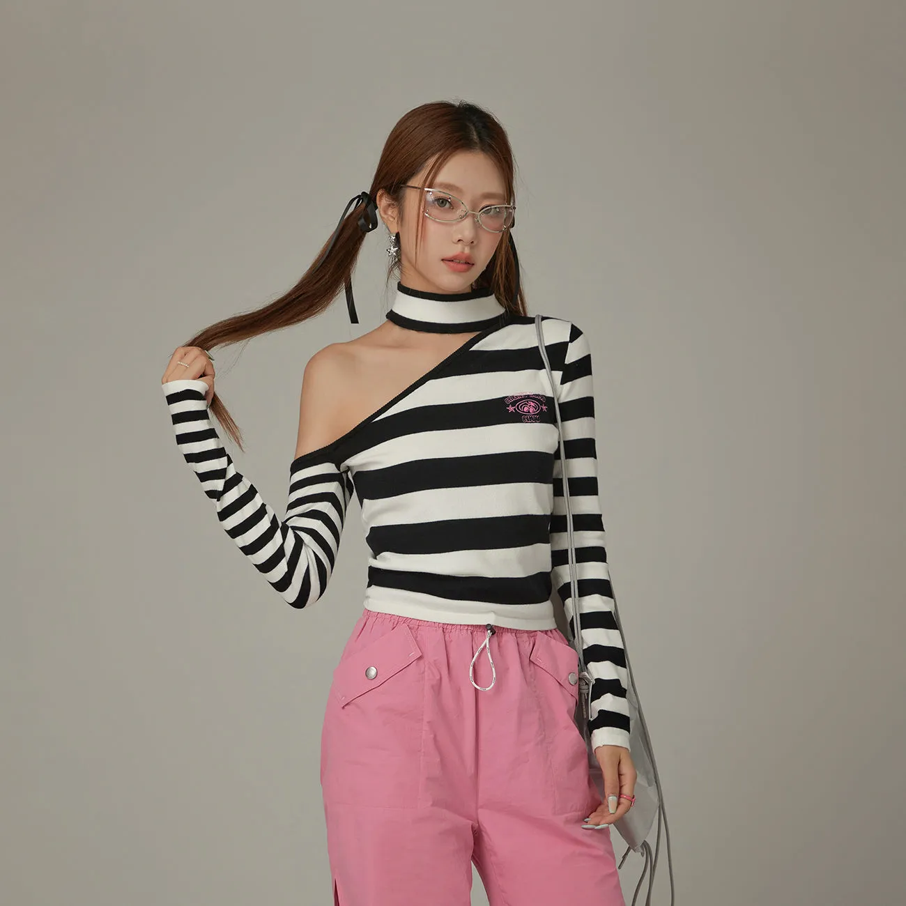 One Shoulder Choker Stripe Knit Top