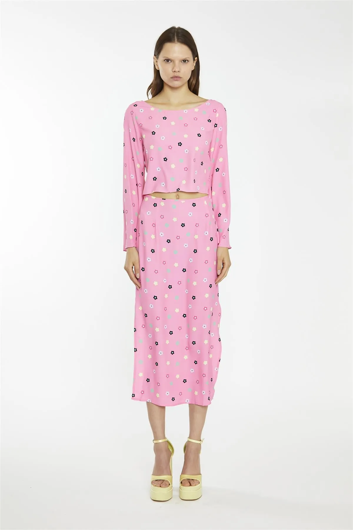 Pink Multi-Flower Bias-Cut Midi-Skirt