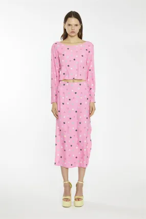 Pink Multi-Flower Bias-Cut Midi-Skirt