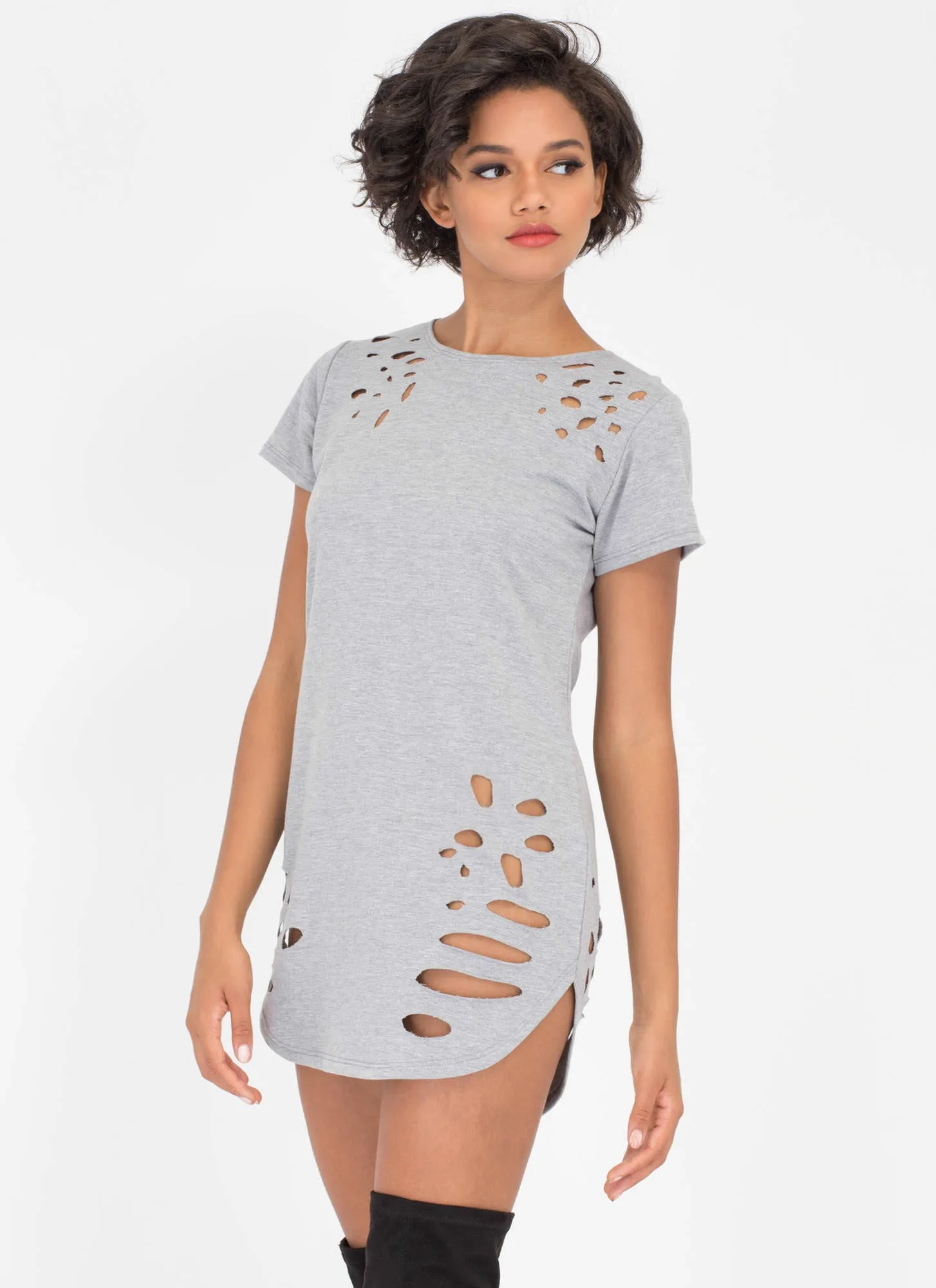 Poke Holes Distressed T-Shirt Dress