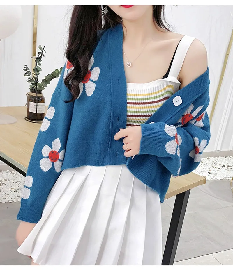 Preppy Style Floral Knitted Cardigans