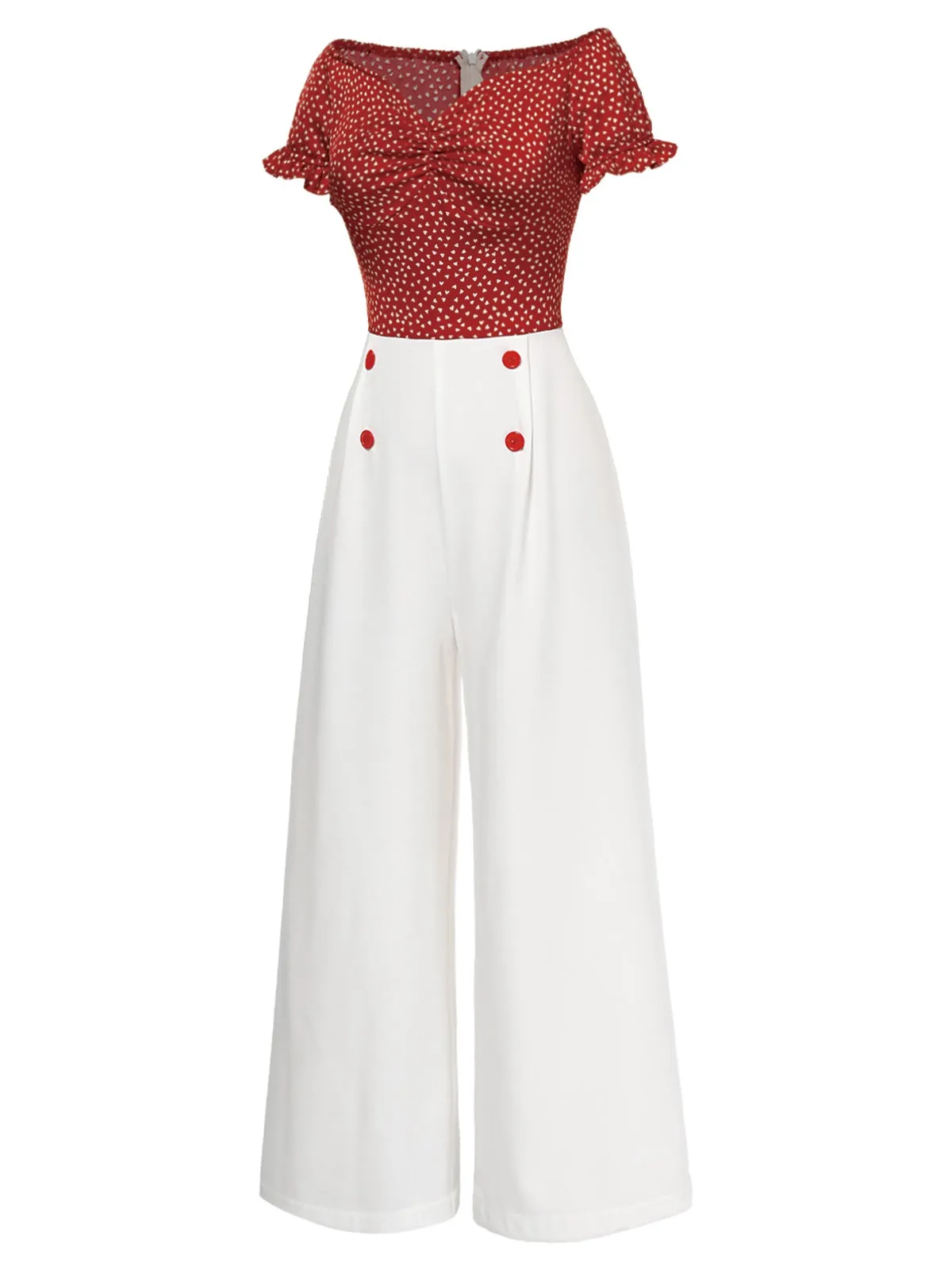 Red 1930s Heart Dots Off-Shoulder Jumpsuit