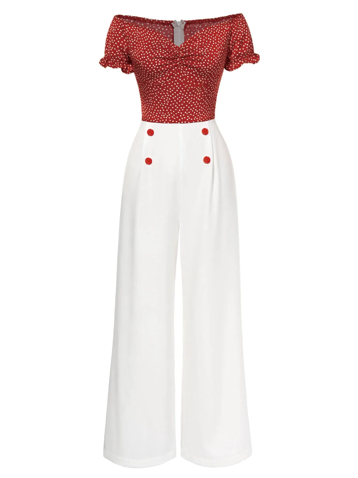 Red 1930s Heart Dots Off-Shoulder Jumpsuit