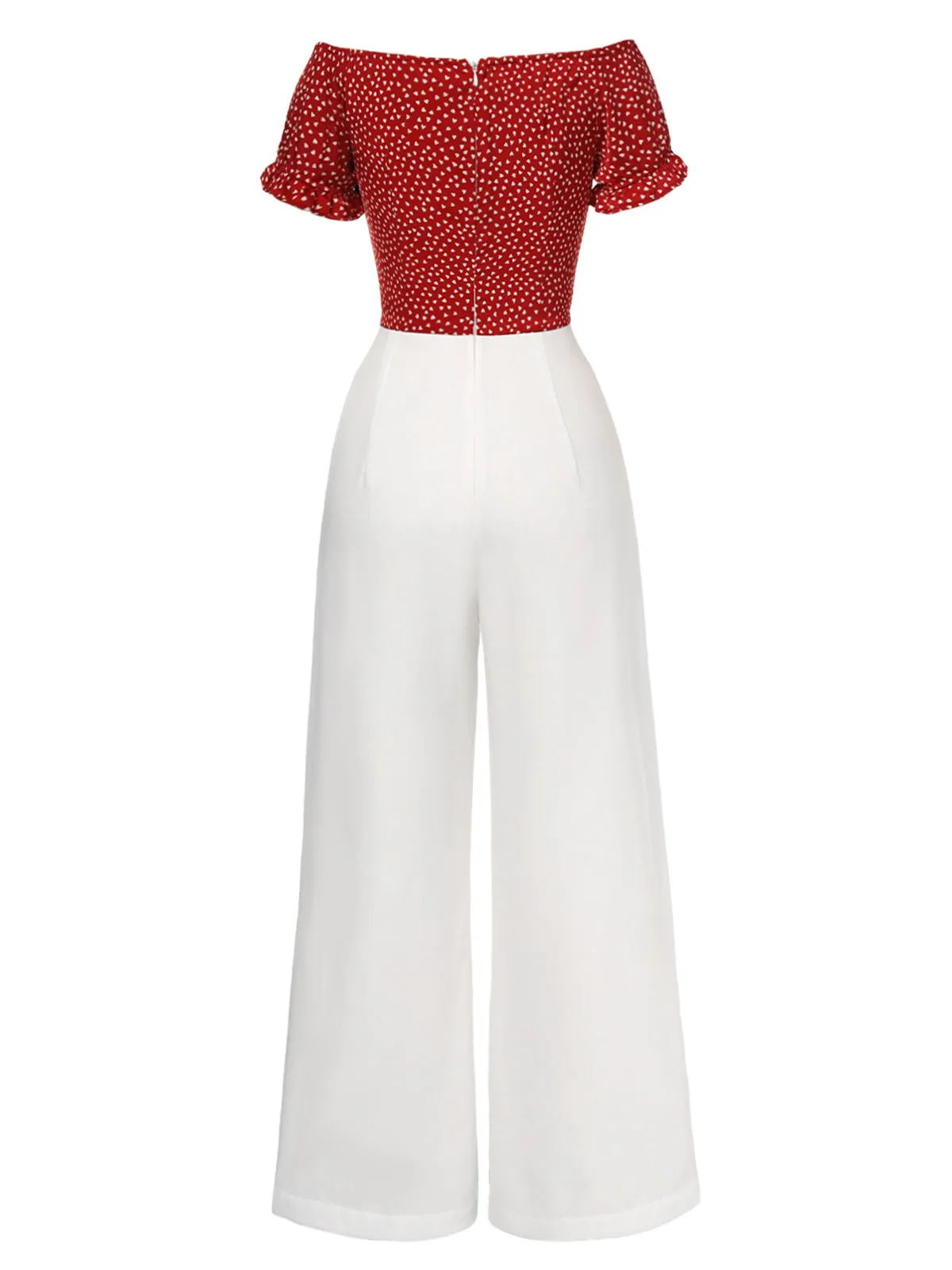 Red 1930s Heart Dots Off-Shoulder Jumpsuit