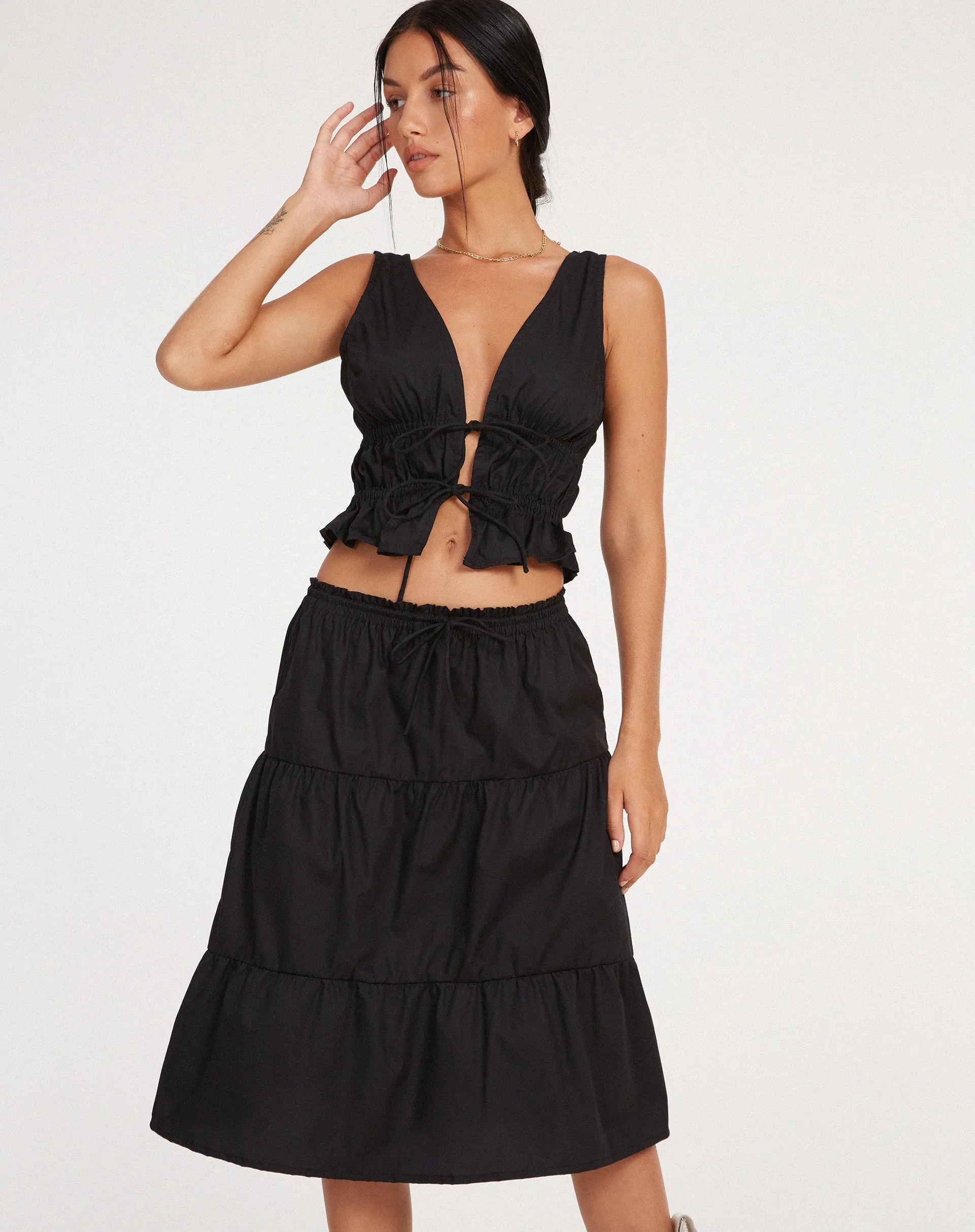 Reef Midi Skirt in Poplin Black