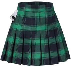 SANGTREE Women's A-line Plaid Skater Pleated Skirts, High Waist Short Mini Y2K Style Tennis Skirt Skort for School Women, Green and Black, US S