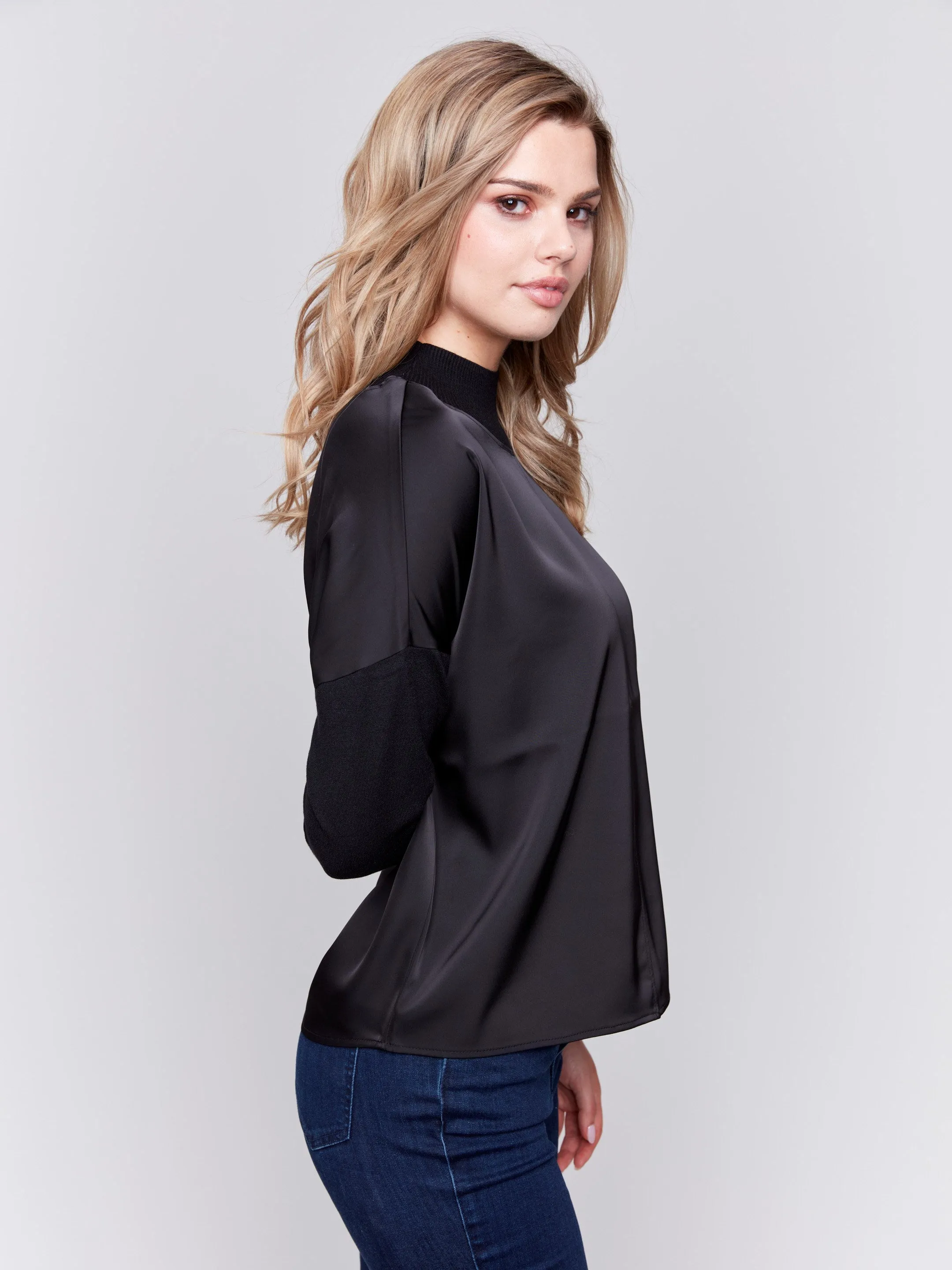 Satin Knit Top with Mock Neck - Black