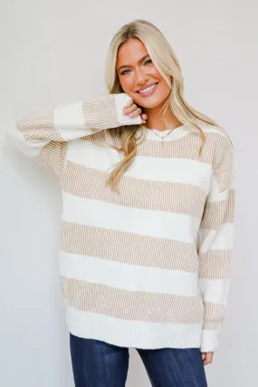 Seasonal Snuggles Taupe Striped Sweater - DOORBUSTER