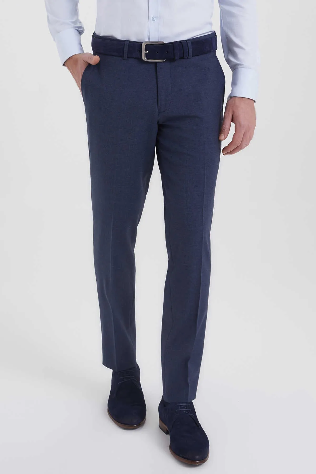 Slim Fit Blue Side Pocket Low Waist Wool Dress Pants