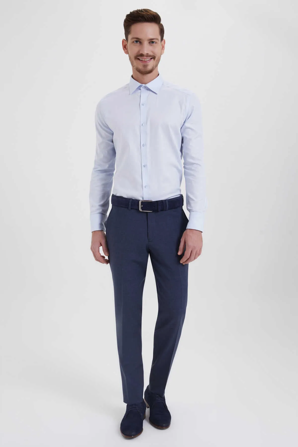 Slim Fit Blue Side Pocket Low Waist Wool Dress Pants