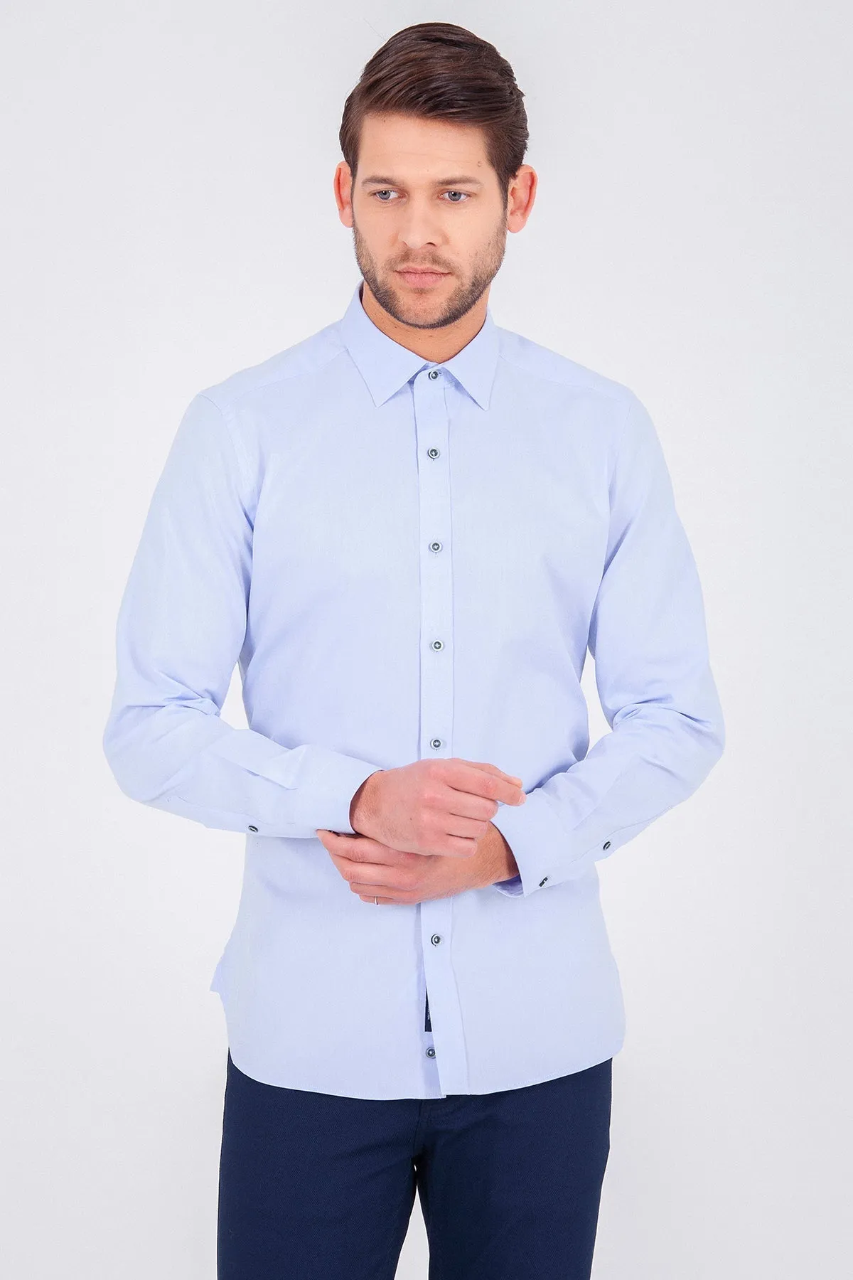 Slim Fit Long Sleeve Cotton Ice Blue Casual Shirt