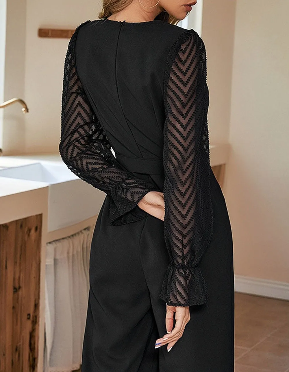 Solid-color V Neck Long Sleeve Mid Waist Wide-Leg Jumpsuit