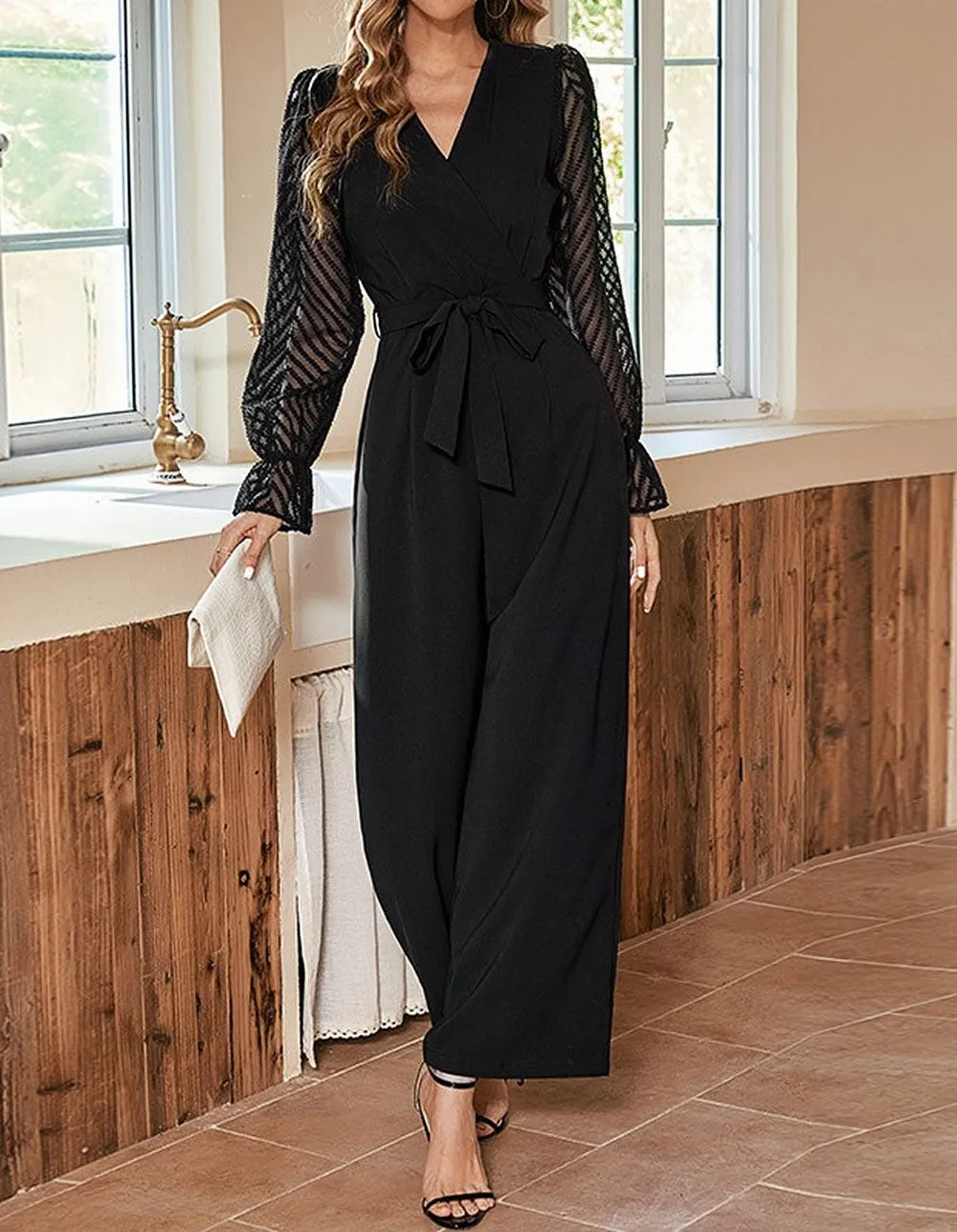 Solid-color V Neck Long Sleeve Mid Waist Wide-Leg Jumpsuit