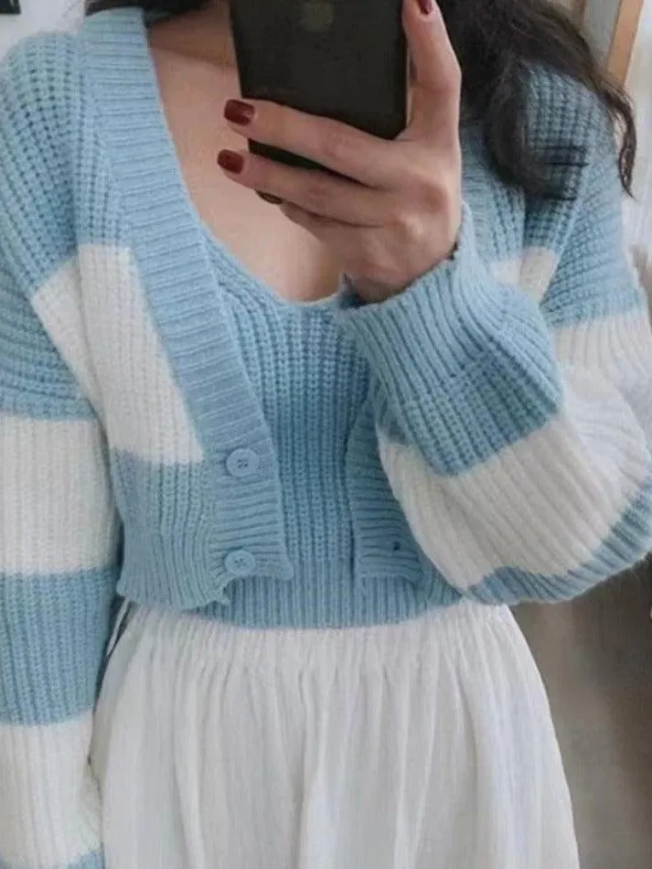 Stripe Splice Short Knit Cardigan