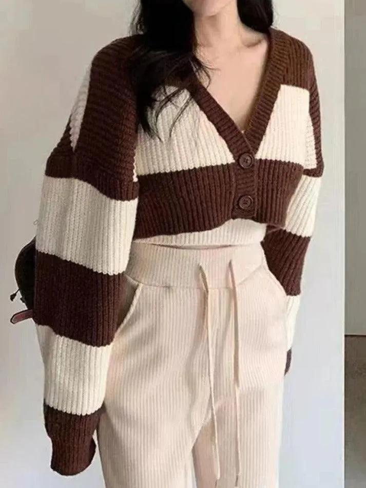 Stripe Splice Short Knit Cardigan