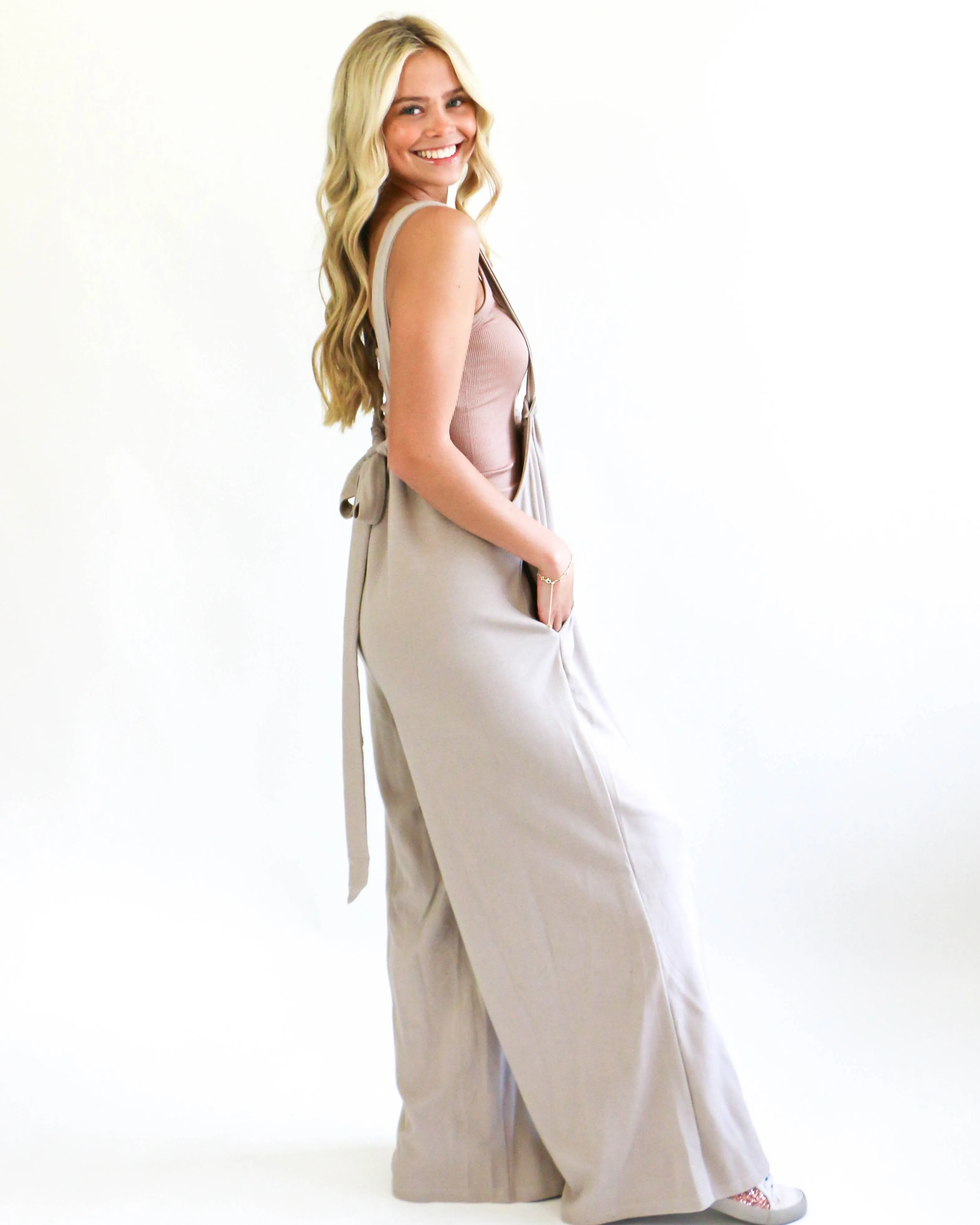 Taupe Suspender Tie Jumpsuit