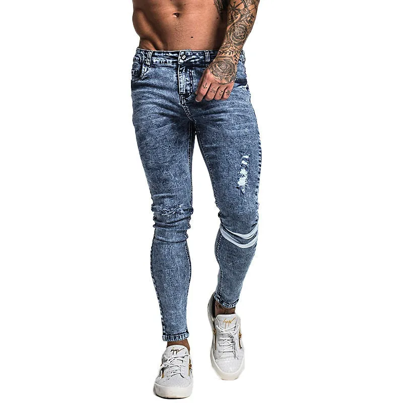 White Tape Details on Knee Pencil Style Men Stretch Jeans