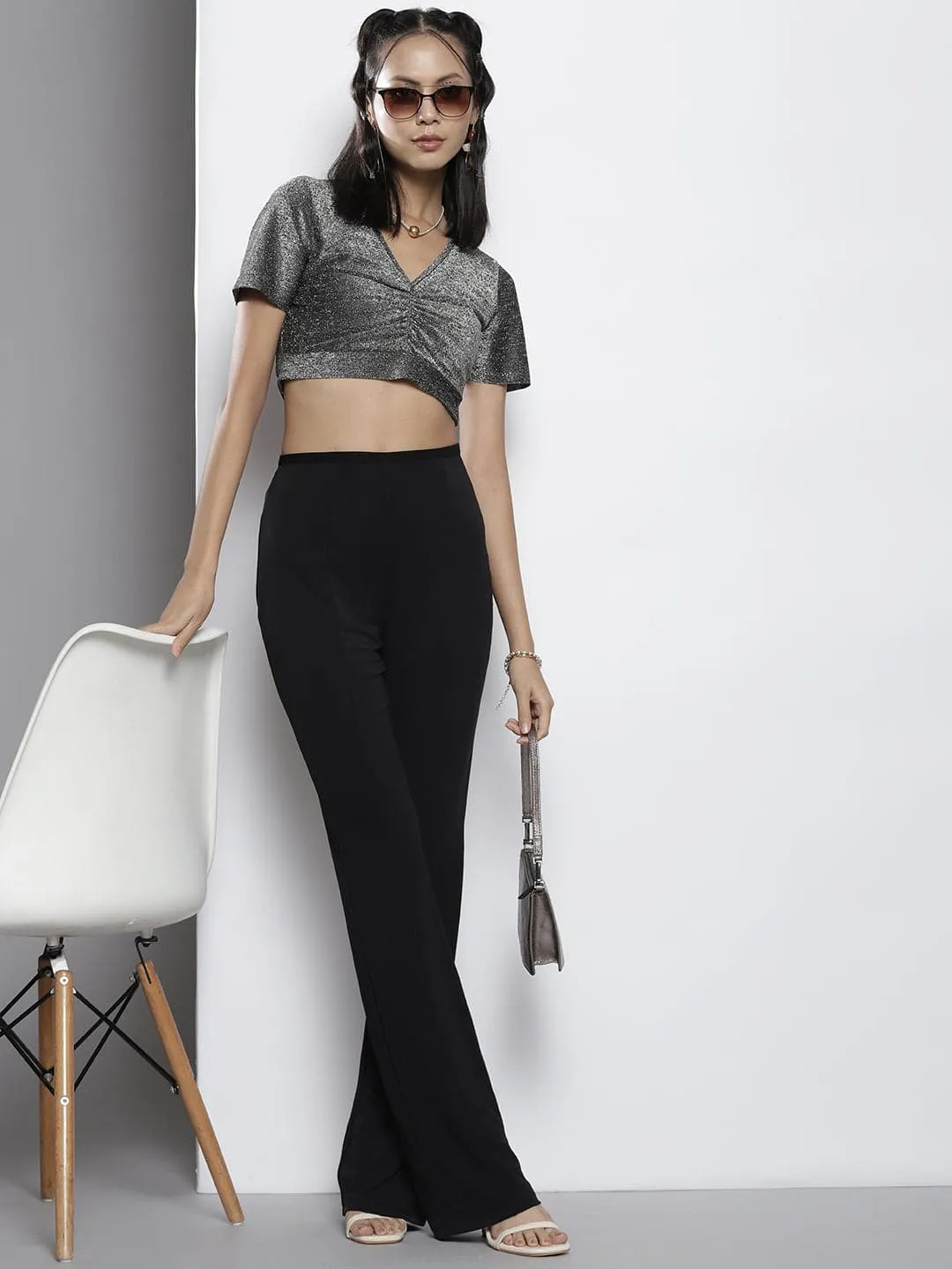 Women Silver Lurex Front Ruched Crop Top