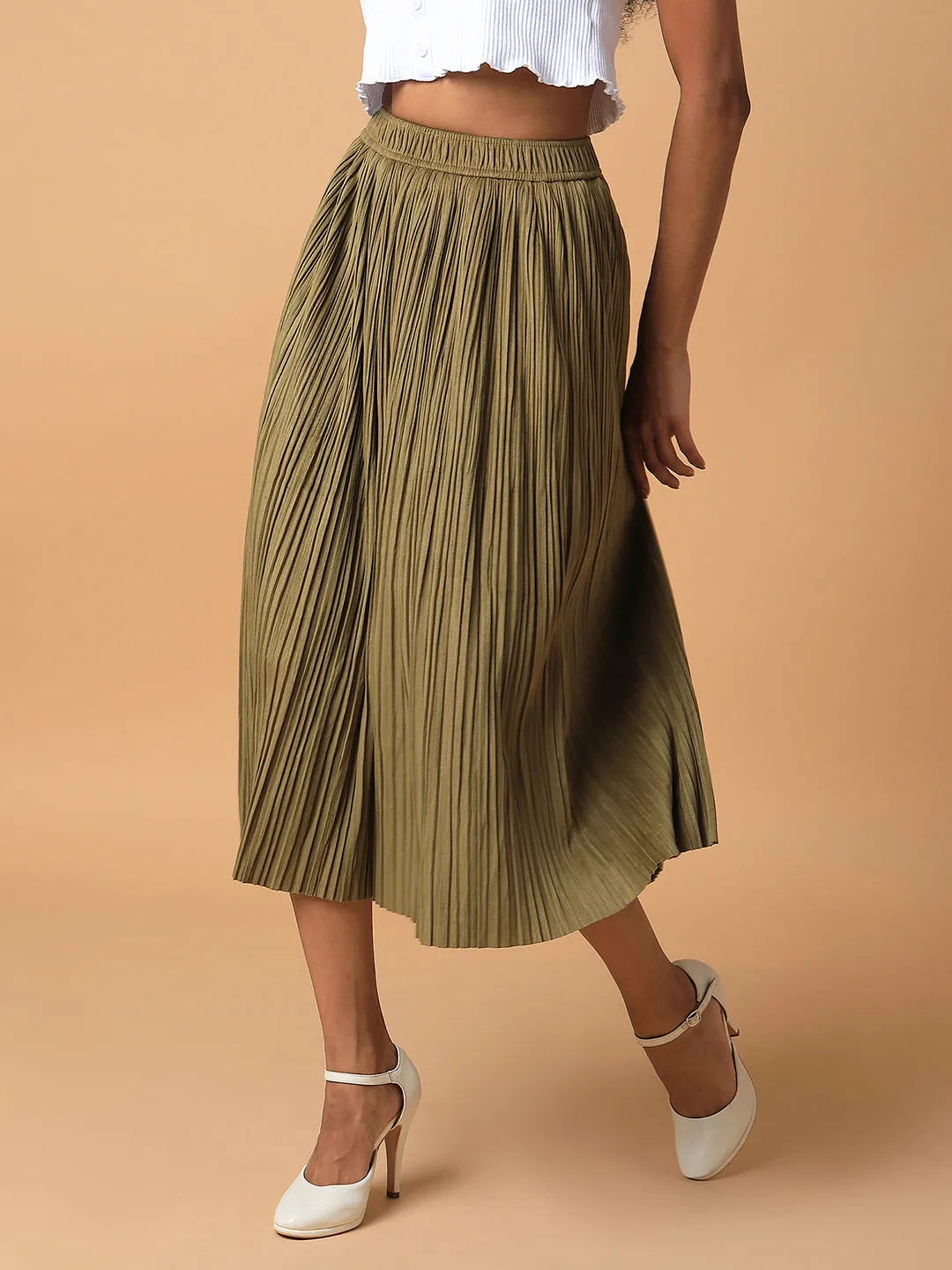 Women Solid Olive Flared Midi Skirt