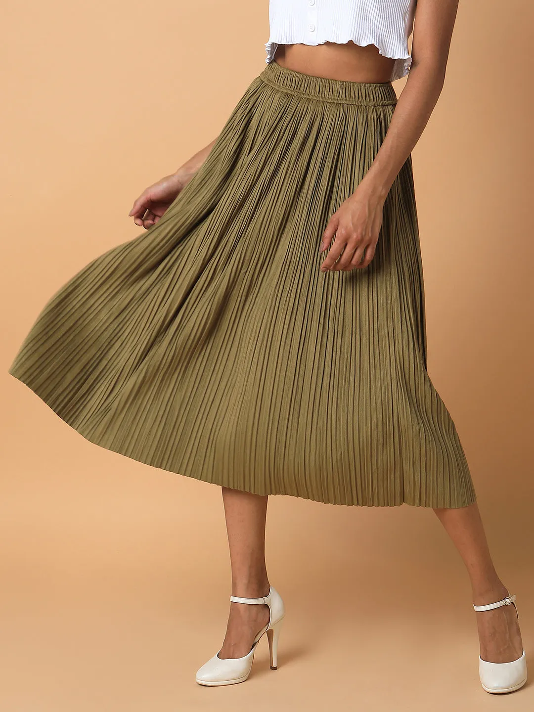 Women Solid Olive Flared Midi Skirt