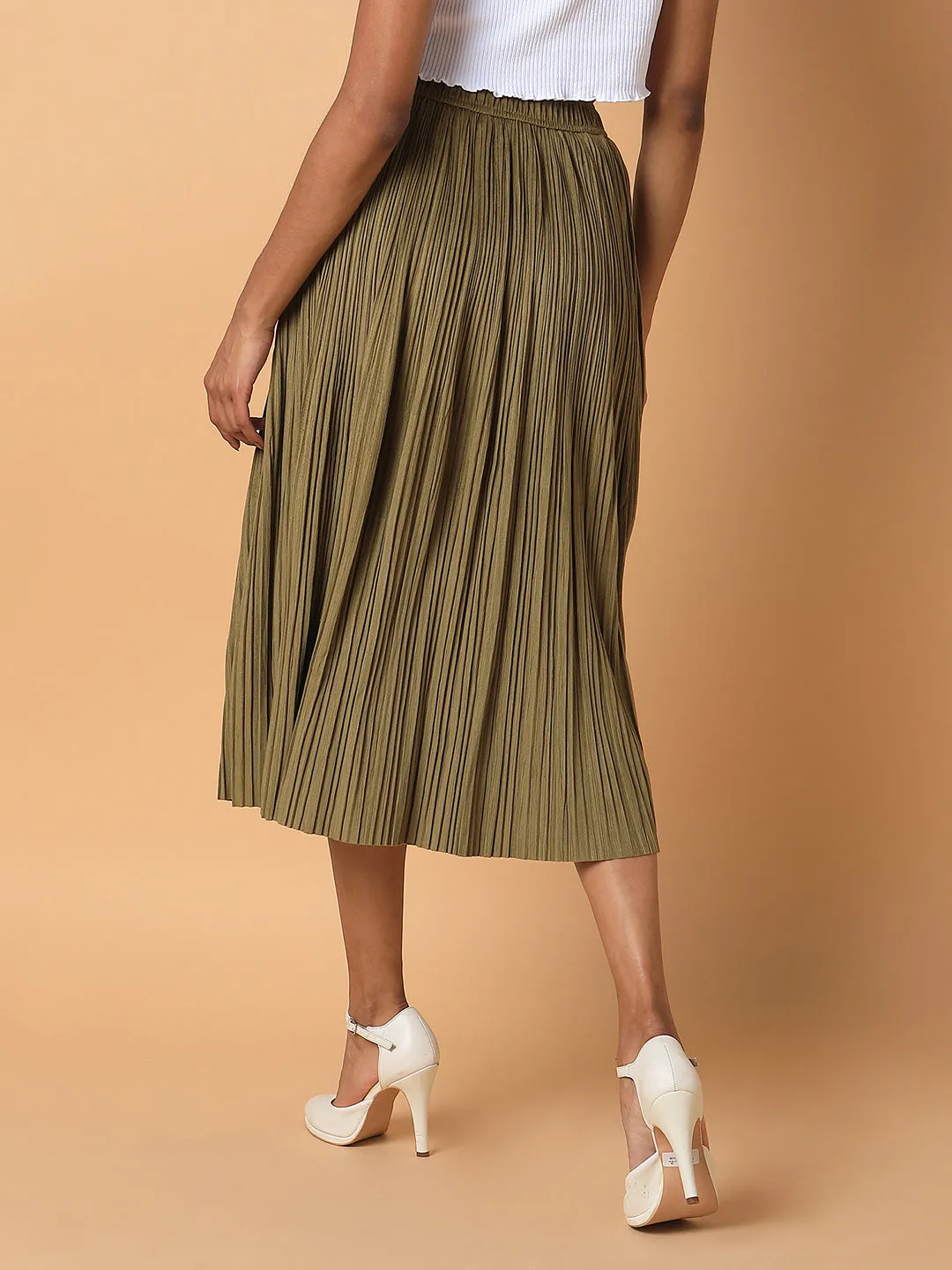 Women Solid Olive Flared Midi Skirt