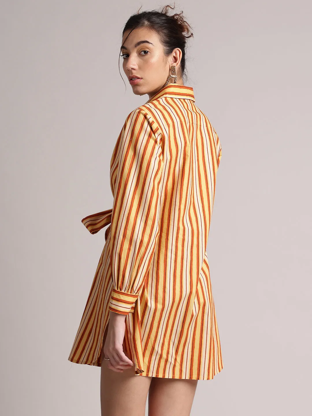 Yellow Cotton Striped Shirt Style Front Tie-Up Dress