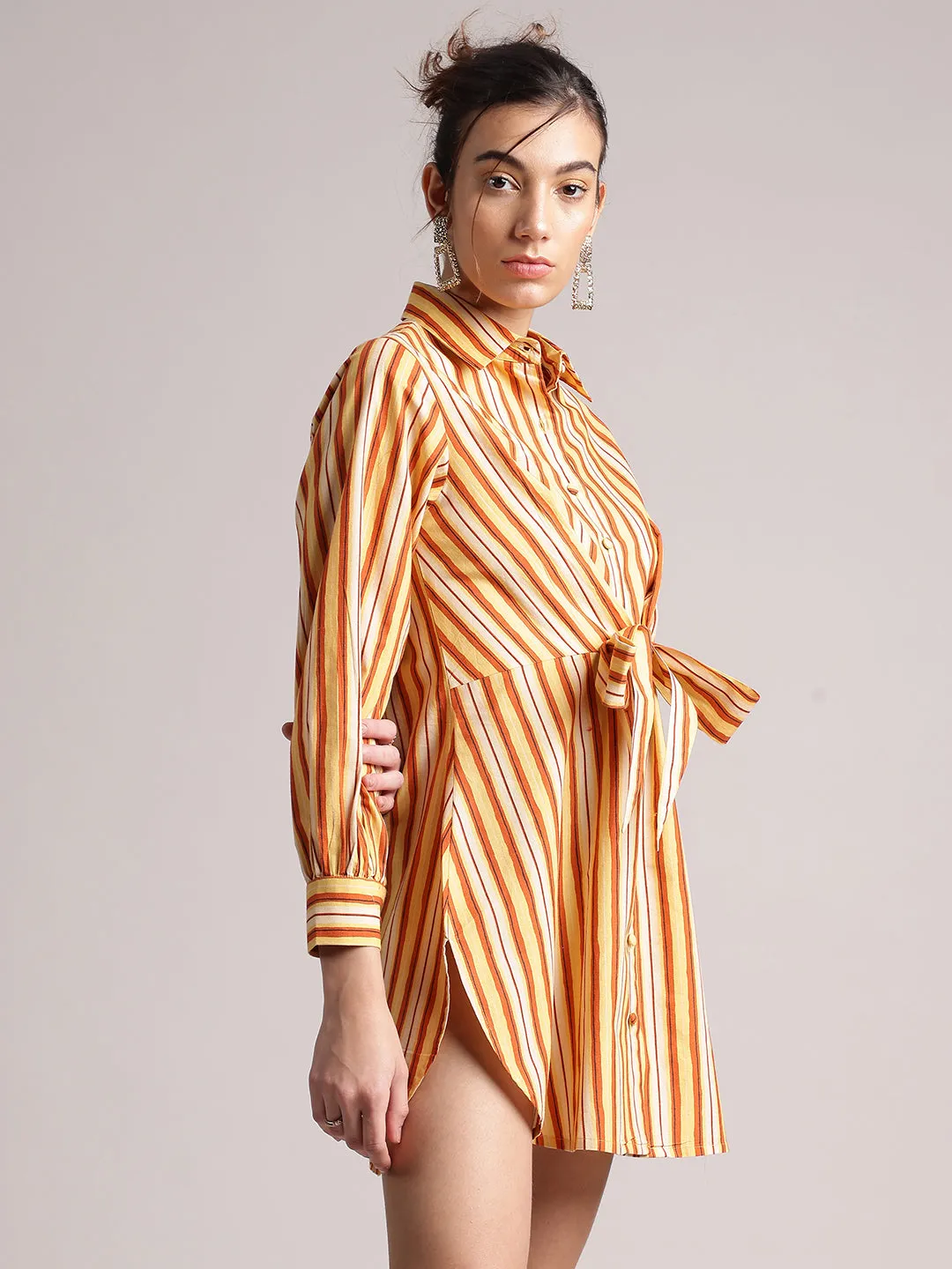 Yellow Cotton Striped Shirt Style Front Tie-Up Dress